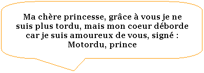 Rectangle  coins arrondis: Ma chre princesse, grce  vous je ne suis plus tordu, mais mon coeur dborde car je suis amoureux de vous, sign : Motordu, prince
