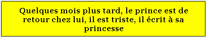 Zone de Texte: Quelques mois plus tard, le prince est de retour chez lui, il est triste, il crit  sa princesse
