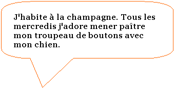 Rectangle  coins arrondis: J'habite  la champagne. Tous les mercredis j'adore mener patre mon troupeau de boutons avec mon chien.
