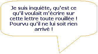 Rectangle  coins arrondis: Je suis inquite, qu'est ce qu'il voulait m'crire sur cette lettre toute rouille ! Pourvu qu'il ne lui soit rien arriv !
